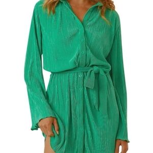 Anytree Women's  Green Dress  Pleated Shirt Dress Long Sleeve  NWT Size S